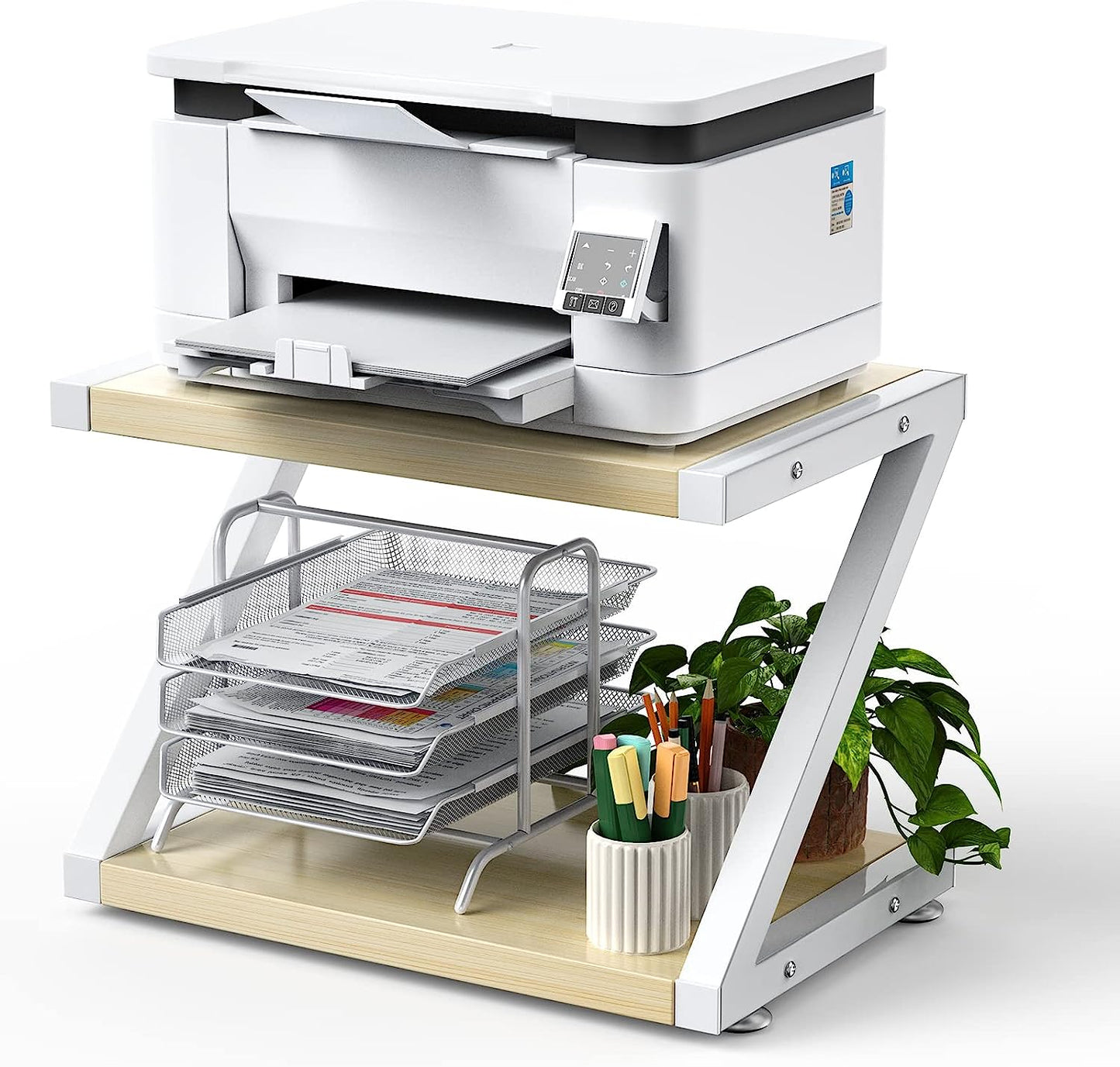 Desktop Printer Stand with 2 Tier Wood Storage Shelves