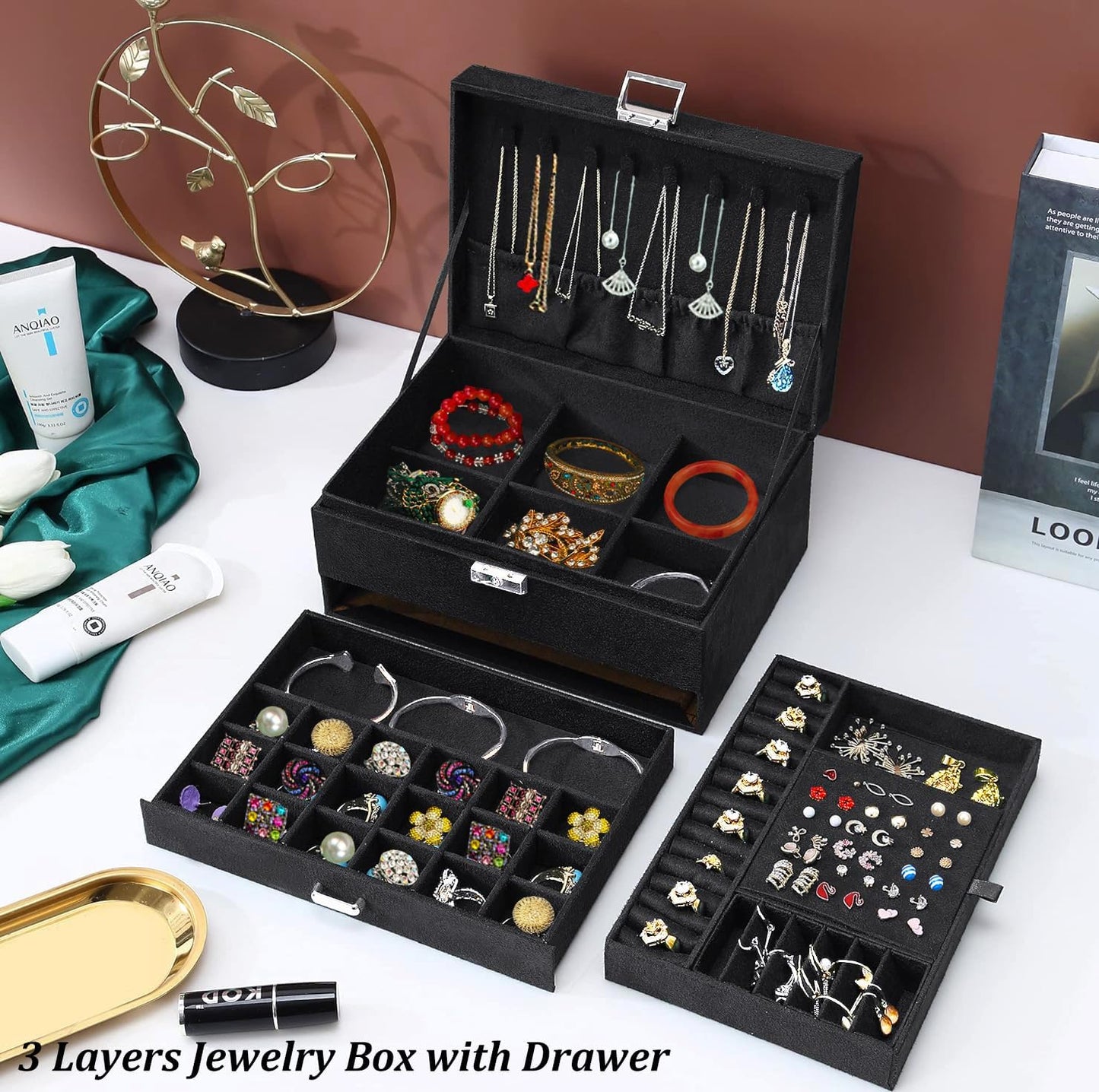 Black Velvet Jewelry Organizer with Lock – Elegant Storage for Necklaces, Earrings, Rings & Bracelets