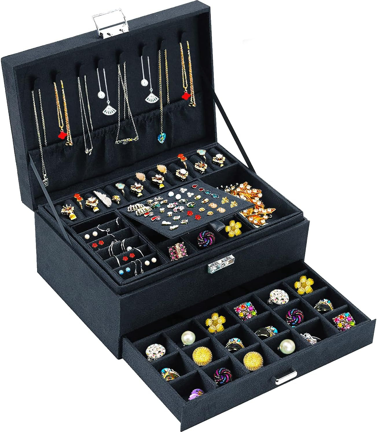 Black Velvet Jewelry Organizer with Lock – Elegant Storage for Necklaces, Earrings, Rings & Bracelets