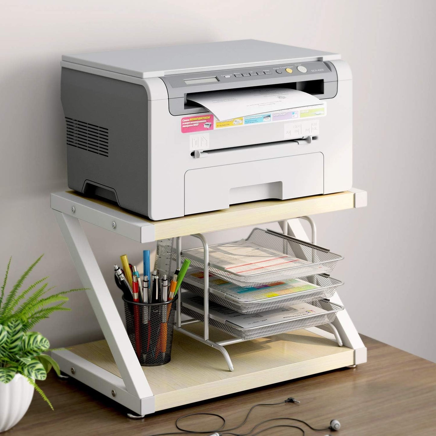 Desktop Printer Stand with 2 Tier Wood Storage Shelves