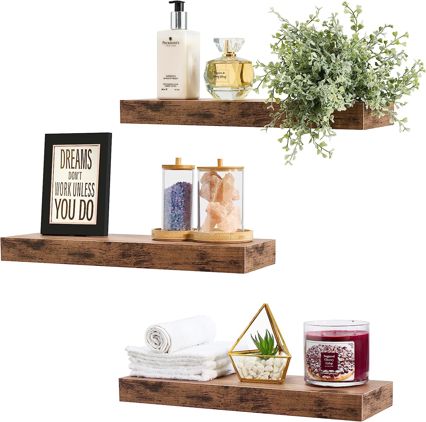 Mahogany Wall-Mounted Floating Shelves – 3 Pack, 16-Inch