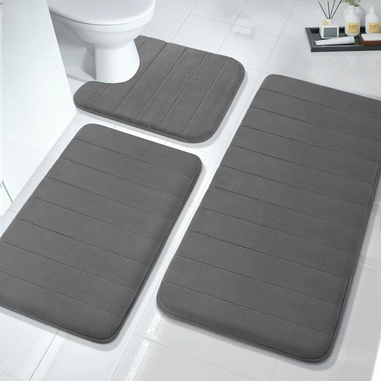 Luxury Dark Gray Memory Foam Bathroom Mat Set - 3 Piece Non-Slip & Ultra Absorbent Collection