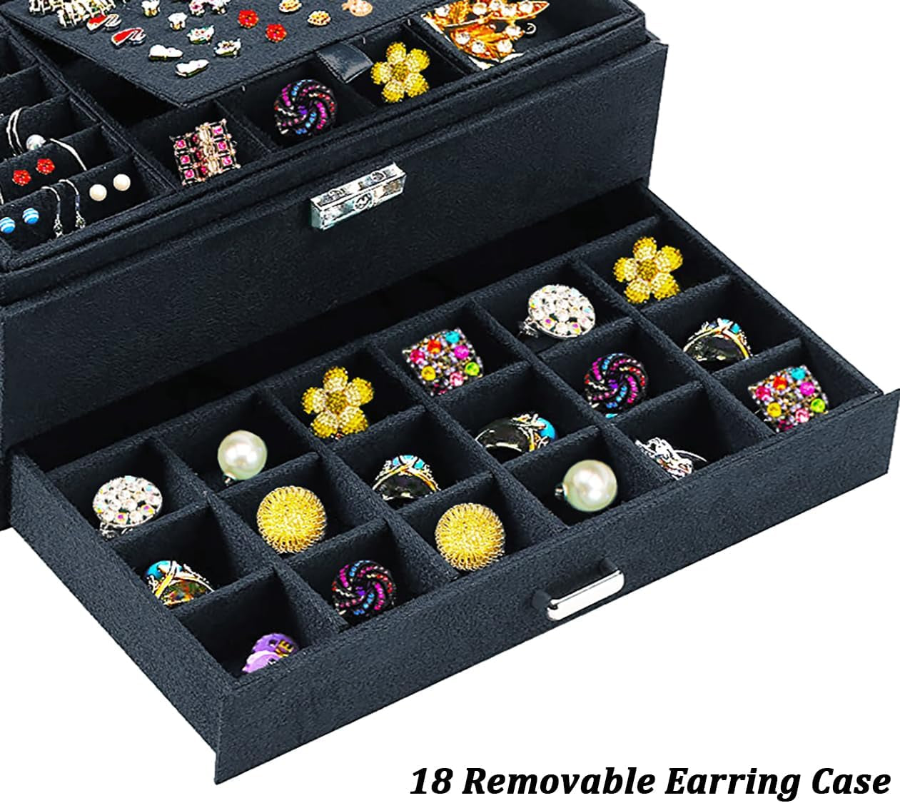 Black Velvet Jewelry Organizer with Lock – Elegant Storage for Necklaces, Earrings, Rings & Bracelets