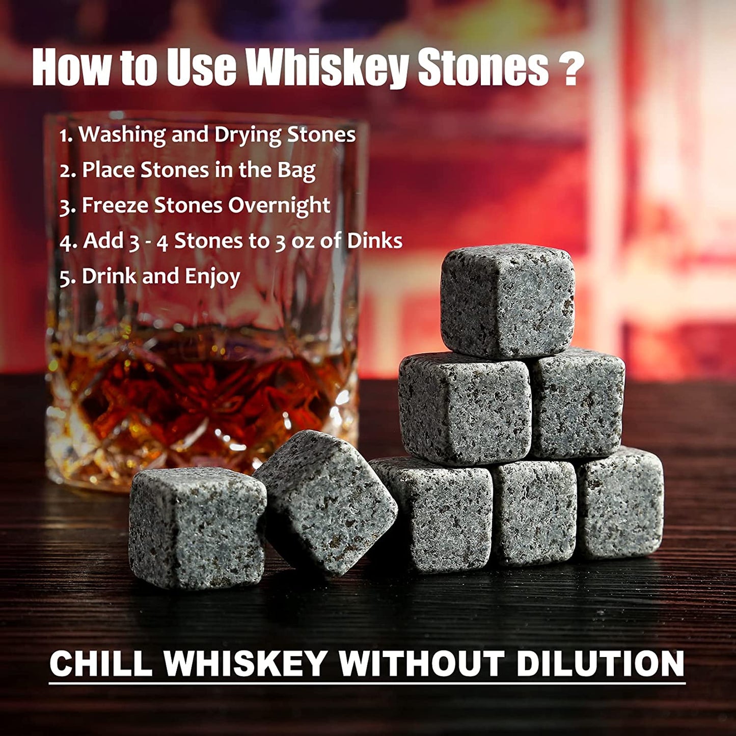 Whiskey Stones Gift Set - Whiskey Glass Set of 2 - Granite Chilling Whiskey Rocks - Scotch Bourbon Box Set