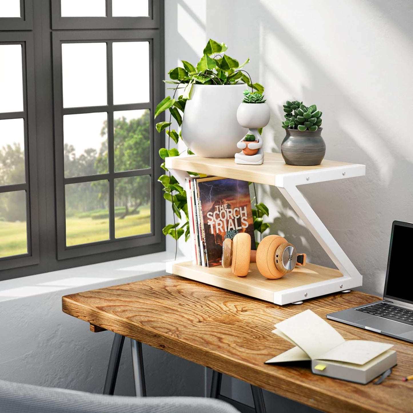 Desktop Printer Stand with 2 Tier Wood Storage Shelves