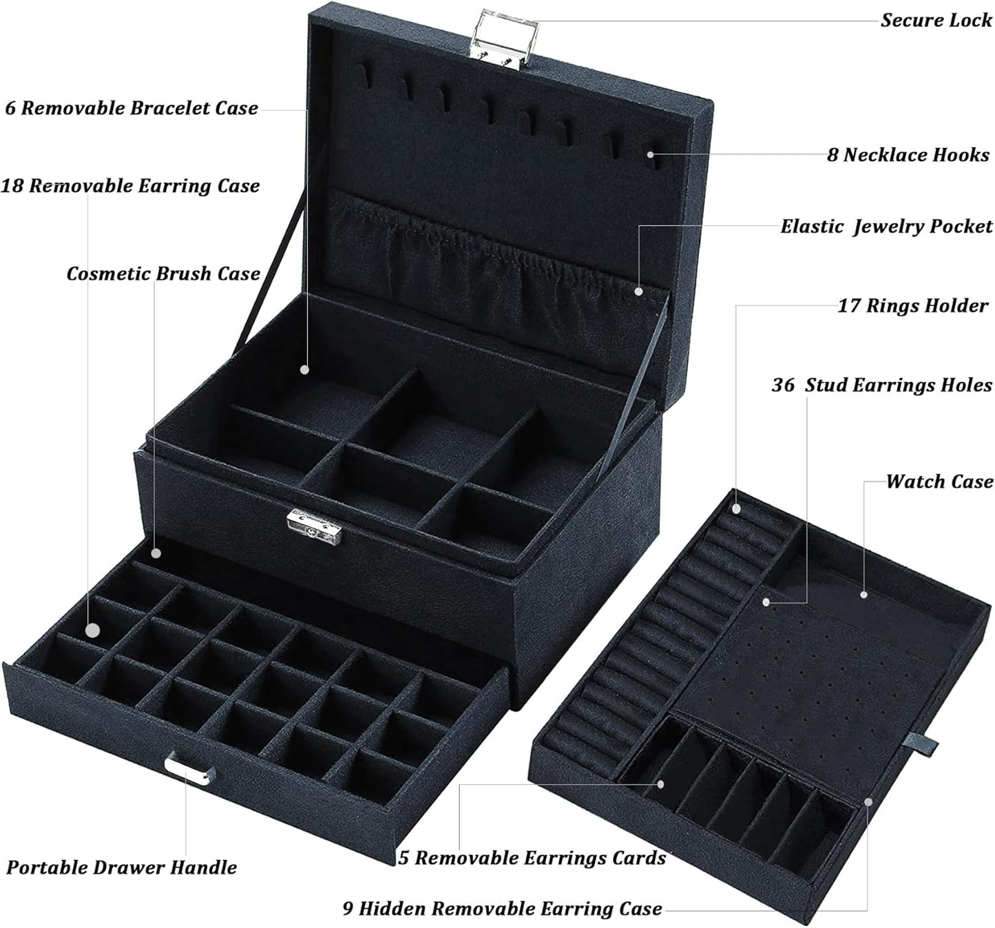 Black Velvet Jewelry Organizer with Lock – Elegant Storage for Necklaces, Earrings, Rings & Bracelets