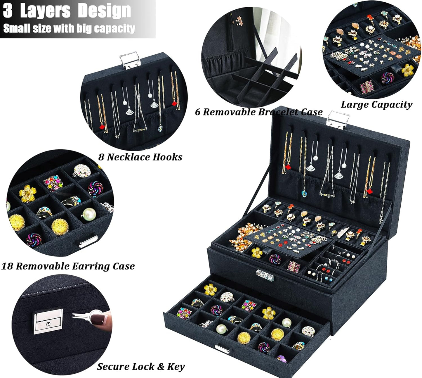 Black Velvet Jewelry Organizer with Lock – Elegant Storage for Necklaces, Earrings, Rings & Bracelets