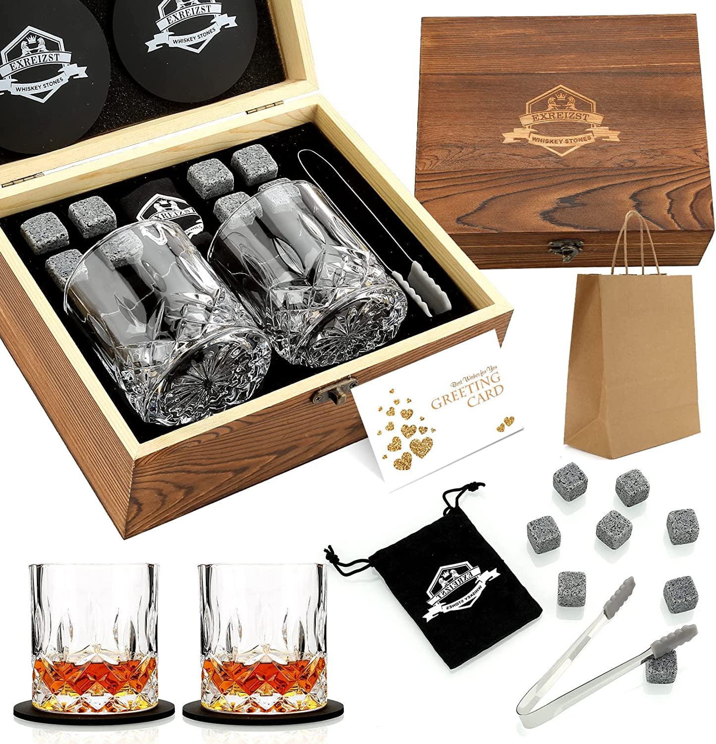 Whiskey Stones Gift Set - Whiskey Glass Set of 2 - Granite Chilling Whiskey Rocks - Scotch Bourbon Box Set