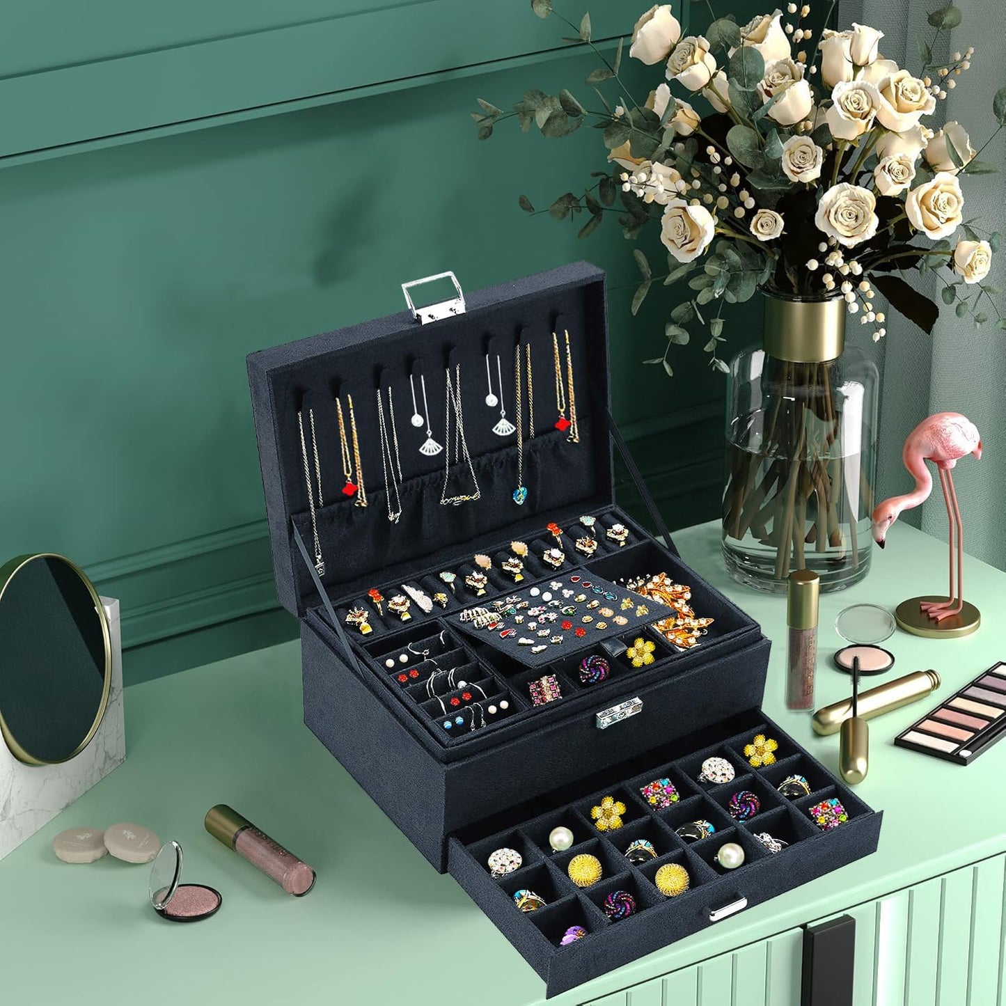 Black Velvet Jewelry Organizer with Lock – Elegant Storage for Necklaces, Earrings, Rings & Bracelets
