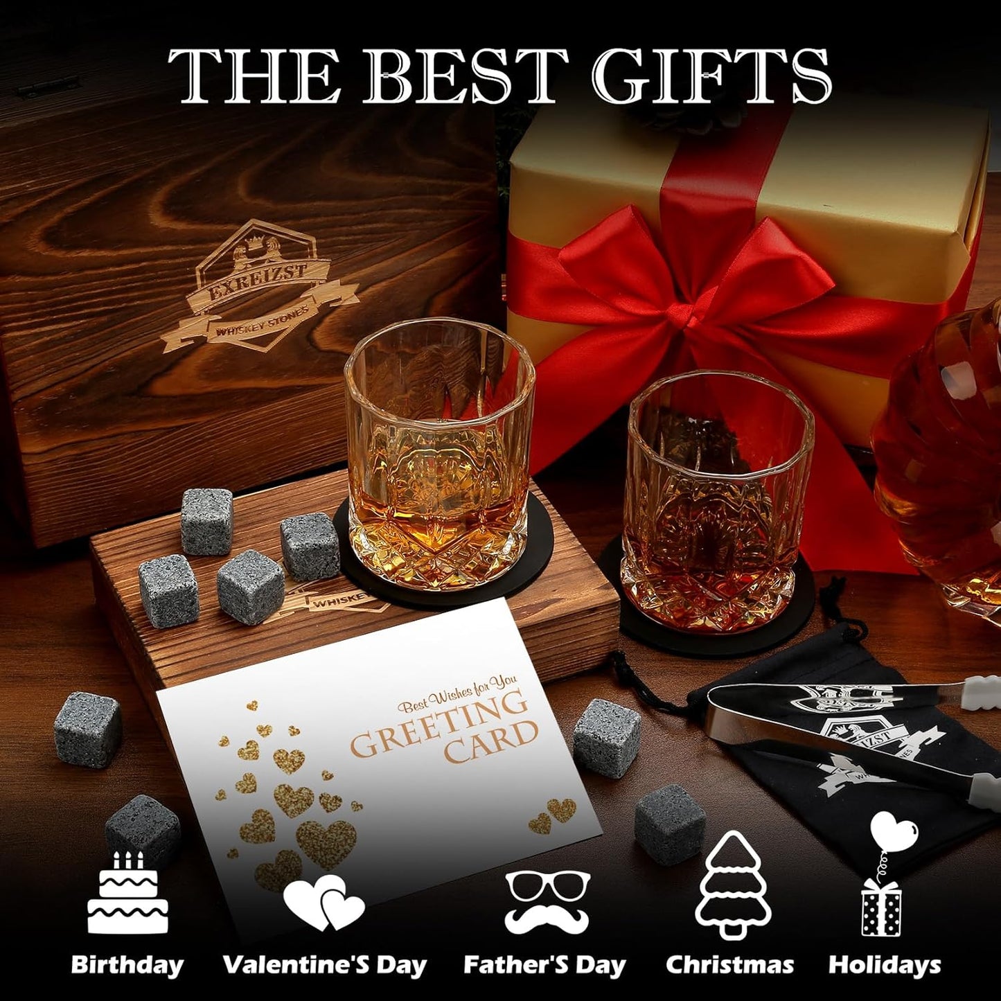 Whiskey Stones Gift Set - Whiskey Glass Set of 2 - Granite Chilling Whiskey Rocks - Scotch Bourbon Box Set