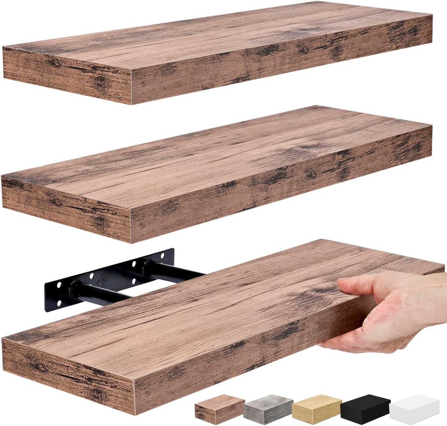 Mahogany Wall-Mounted Floating Shelves – 3 Pack, 16-Inch
