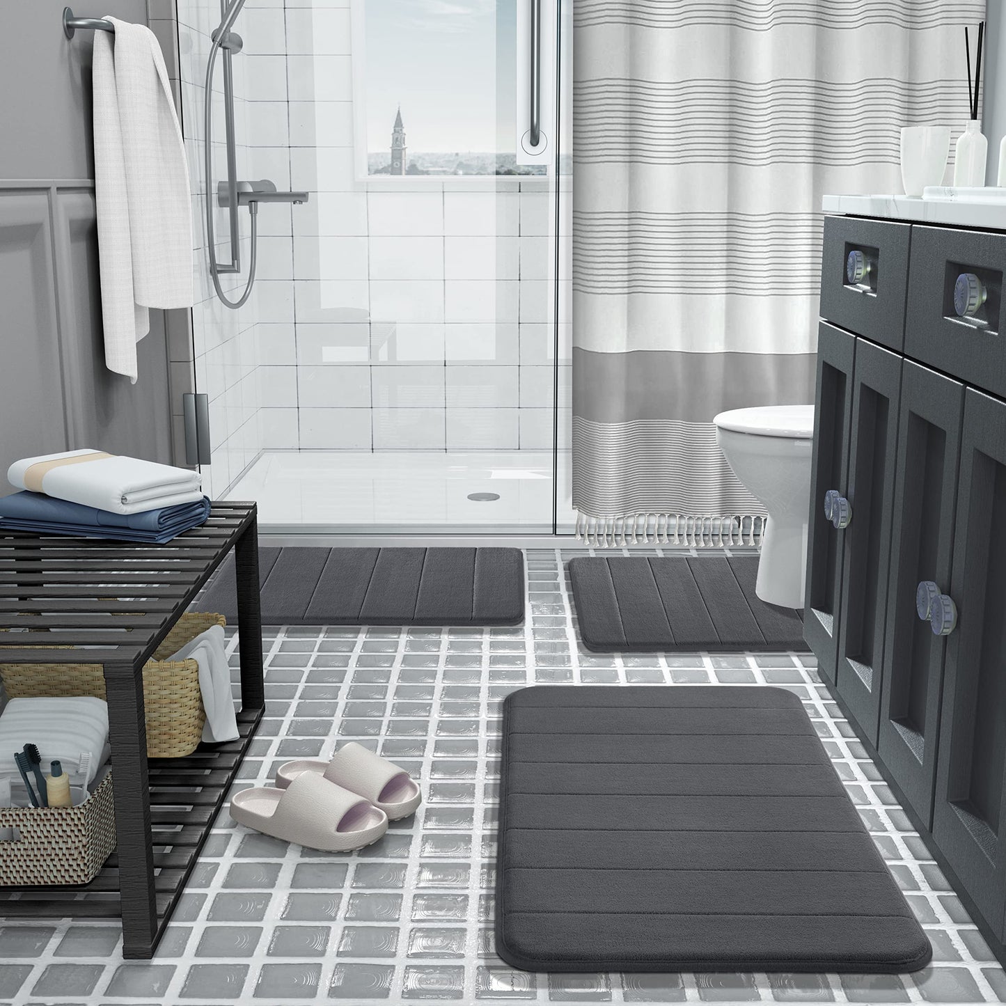 Luxury Dark Gray Memory Foam Bathroom Mat Set - 3 Piece Non-Slip & Ultra Absorbent Collection