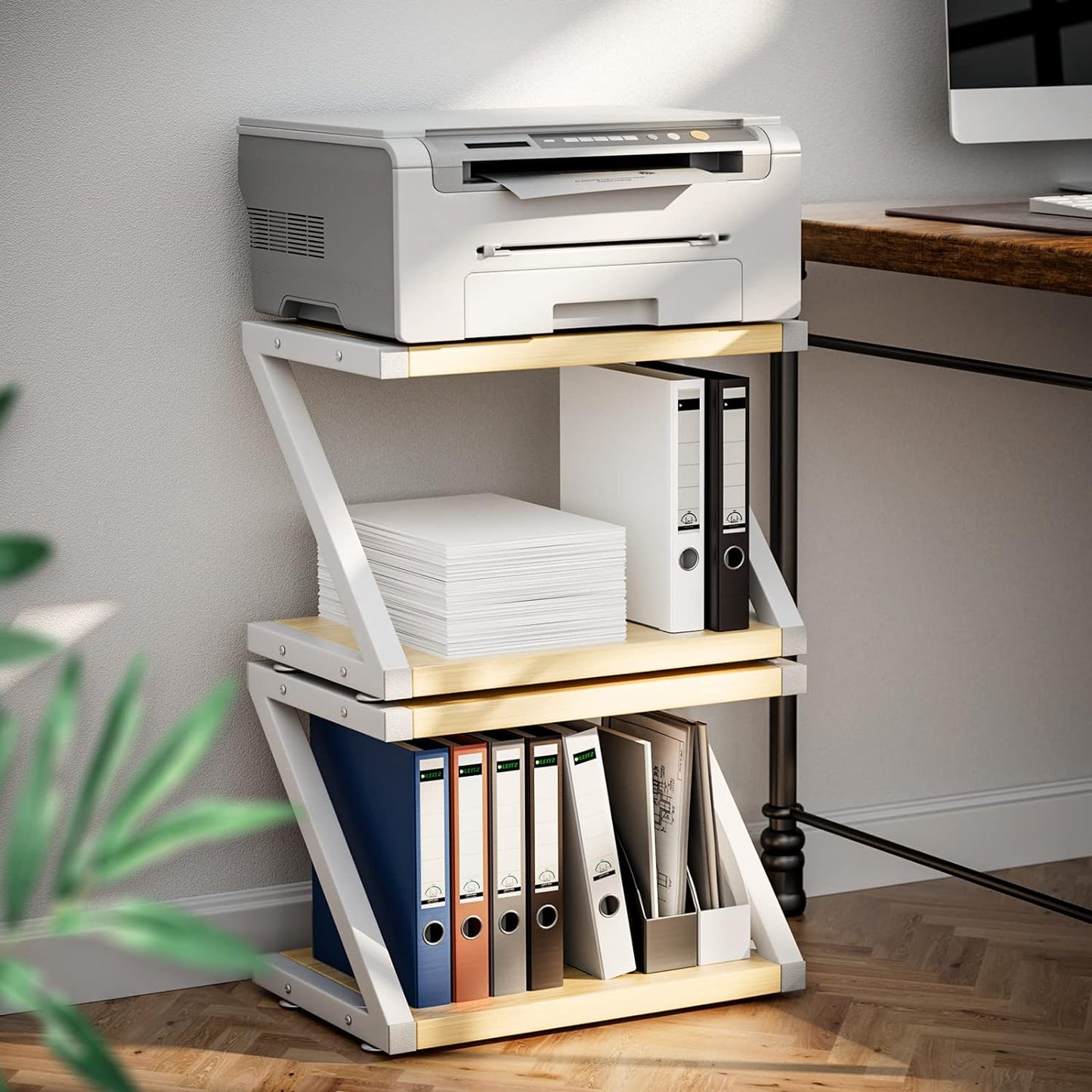 Desktop Printer Stand with 2 Tier Wood Storage Shelves