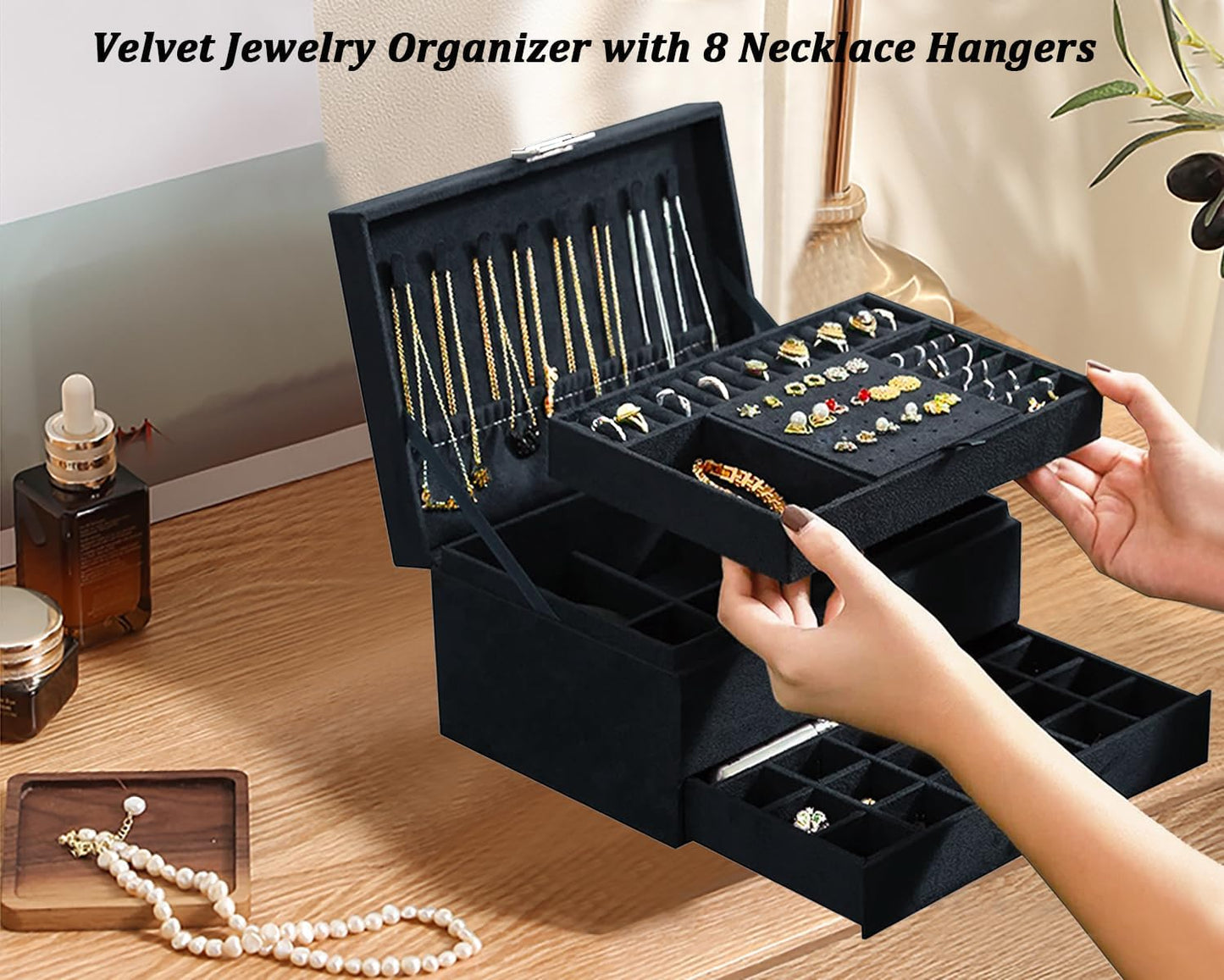 Black Velvet Jewelry Organizer with Lock – Elegant Storage for Necklaces, Earrings, Rings & Bracelets