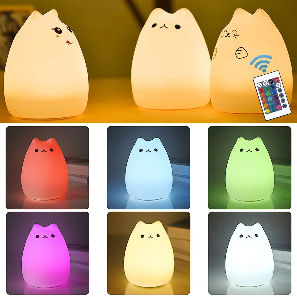 Adorable Cat Lamp Set - Remote Control Silicone Night Light Rechargeable Kawaii Design