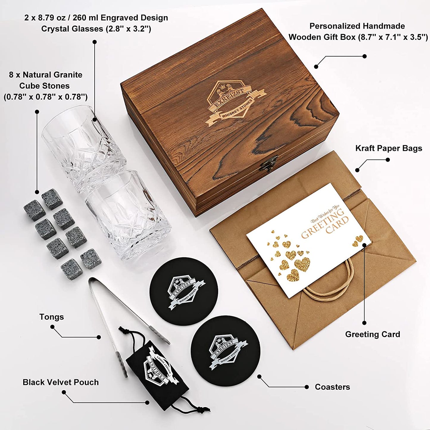 Whiskey Stones Gift Set - Whiskey Glass Set of 2 - Granite Chilling Whiskey Rocks - Scotch Bourbon Box Set