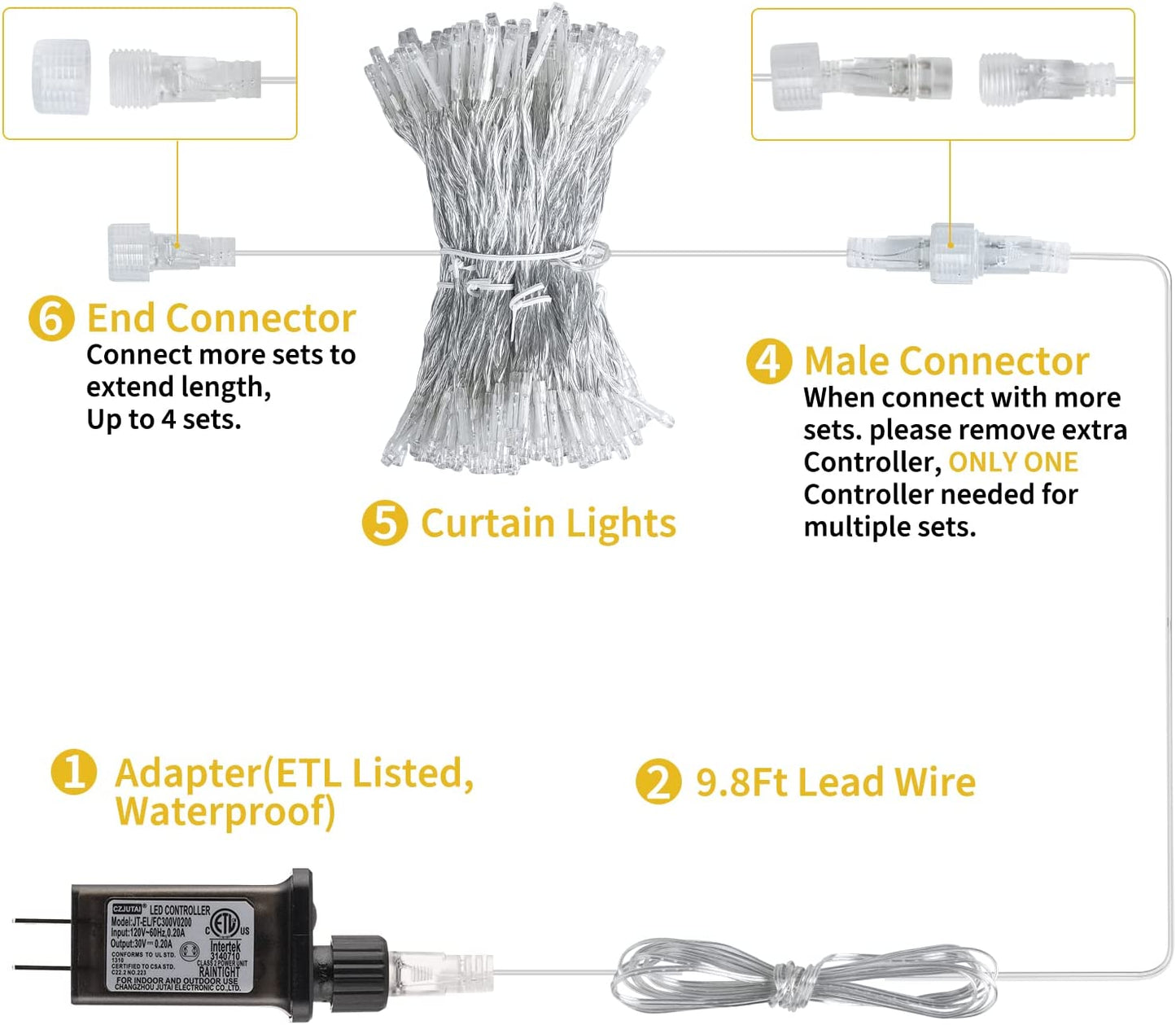 Hanging Fairy Lights with Remote, Connectable Waterproof Window Lights Outdoor Christmas Party, Warm White