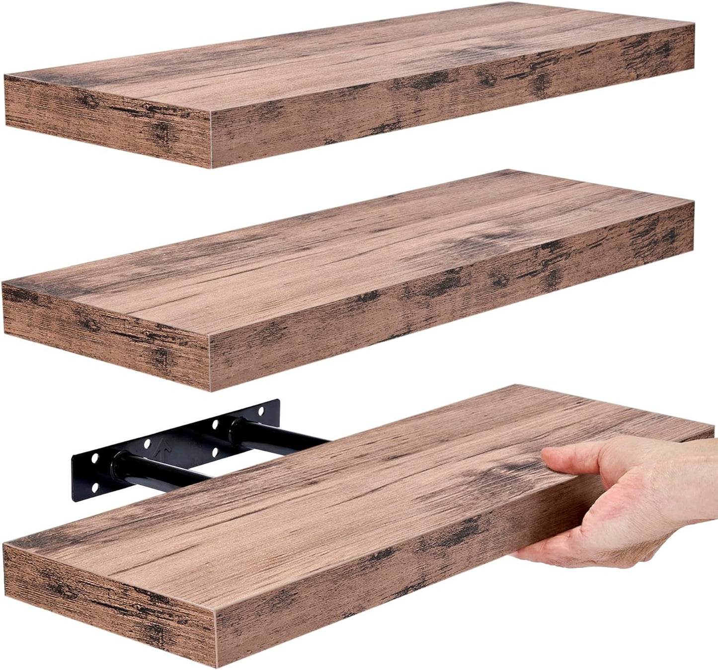 Mahogany Wall-Mounted Floating Shelves – 3 Pack, 16-Inch