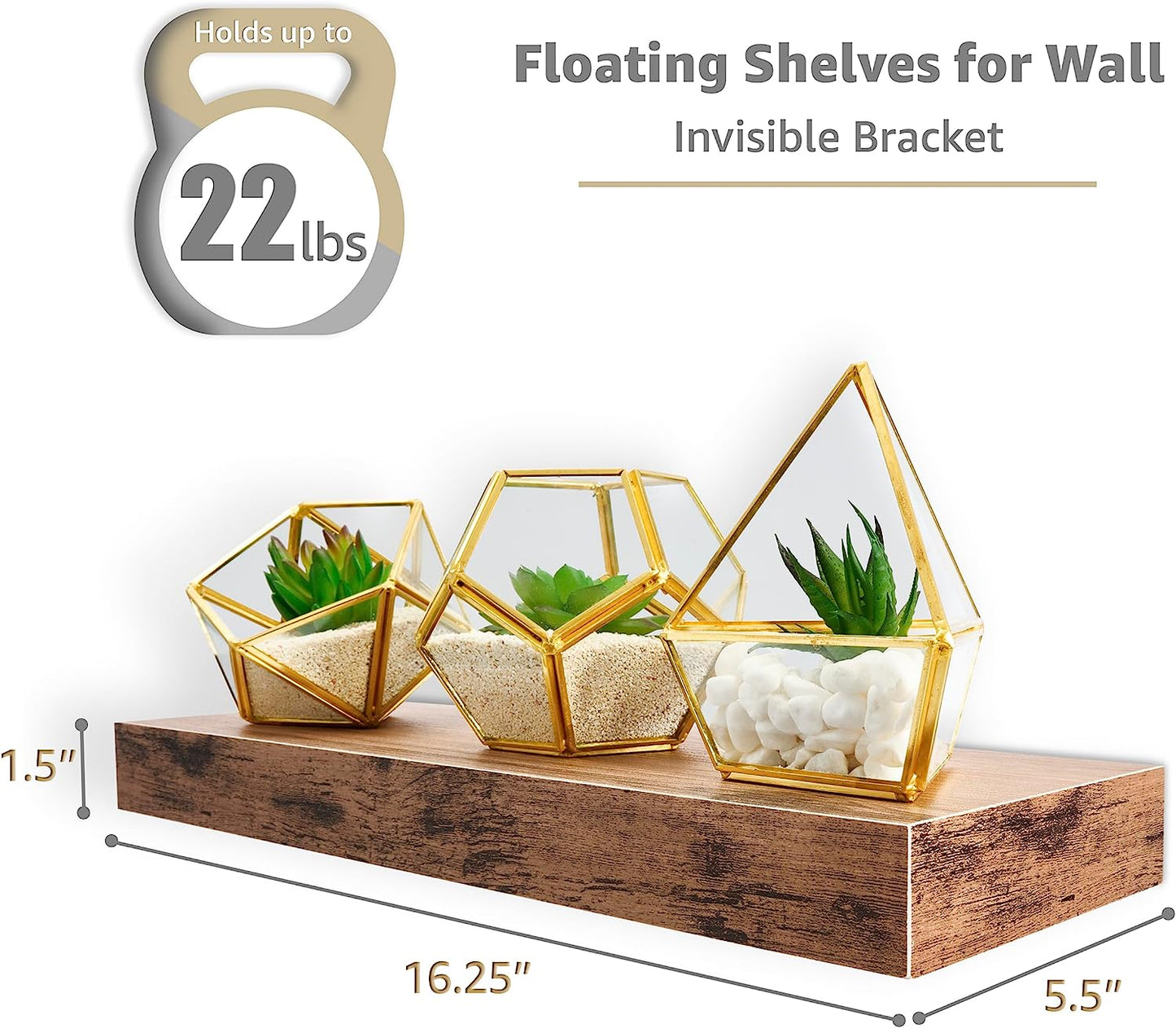 Mahogany Wall-Mounted Floating Shelves – 3 Pack, 16-Inch